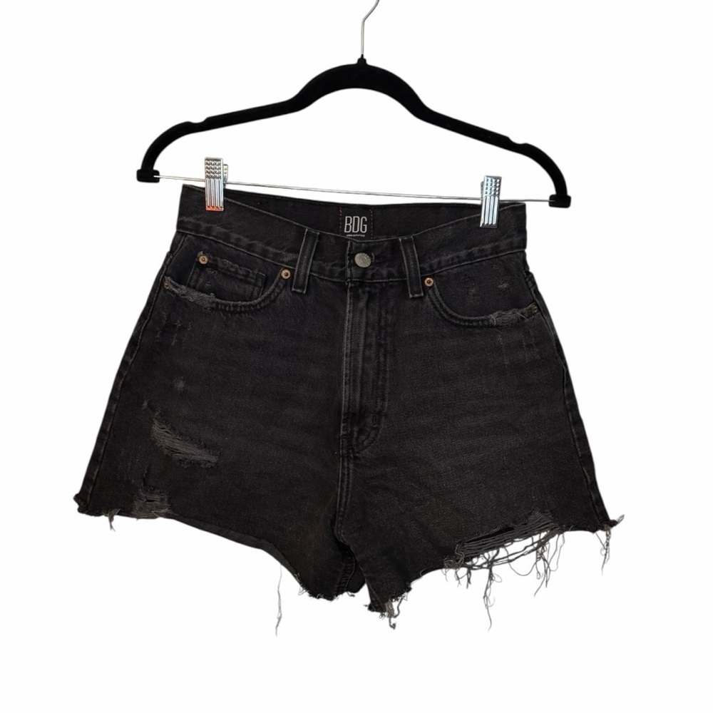 BDG High Rise Black Denim Shorts Distressed Raw Hem Pockets Size 27